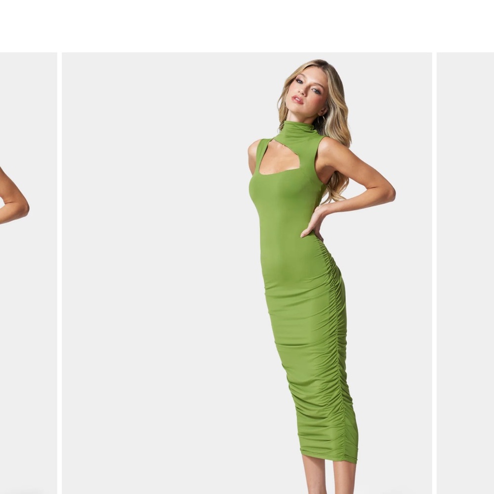 Bebe Mock Neck Shirred Bodycon Green Dress